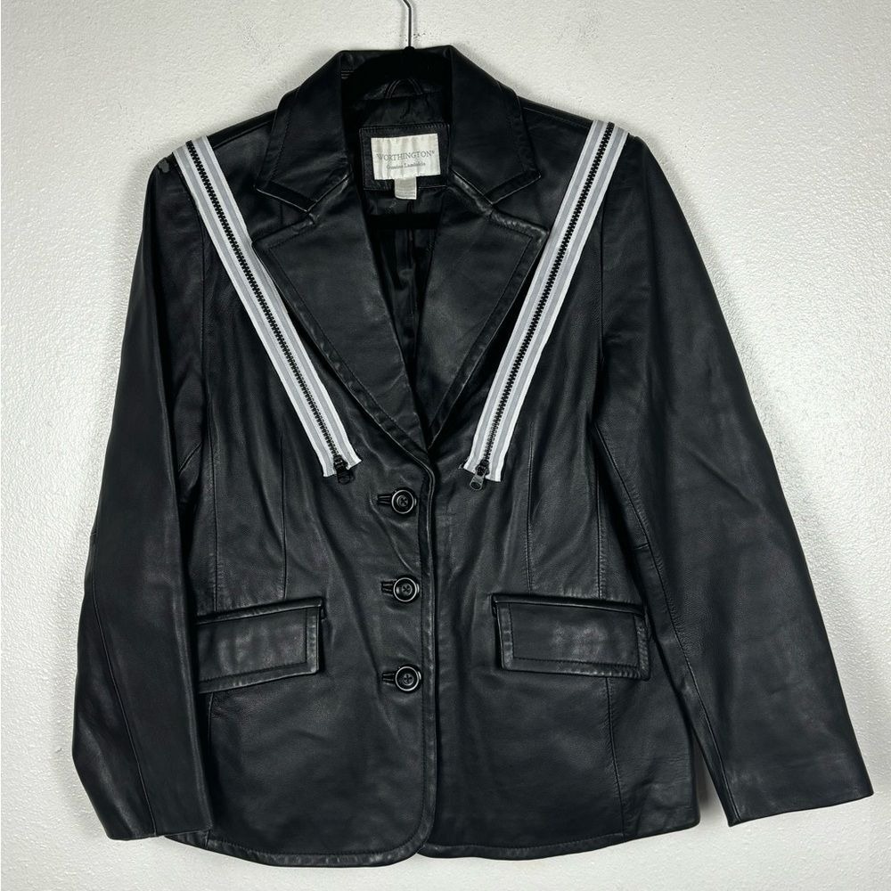 Worthington Women's PM Black Leather Jacket Genuine Lambskin Racer Stripe Detail